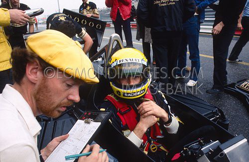 Ayrton Senna, Lotus Renault, Bandentest GP Nederland 1985.jpg