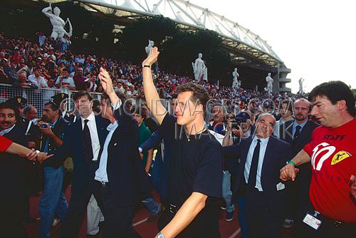 Michael Schumacher and Eddie Ivine, 50 Jaar Ferrari celebration, Rome, Italy, 1997.jpg